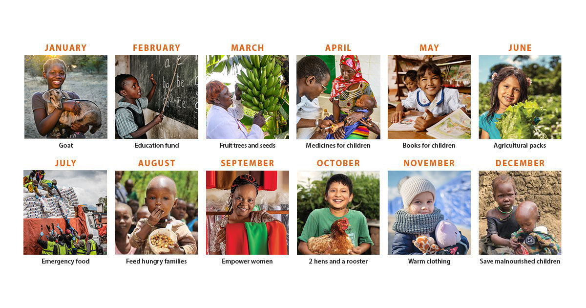 A collage of twelve different gift offerings for each month of the year.