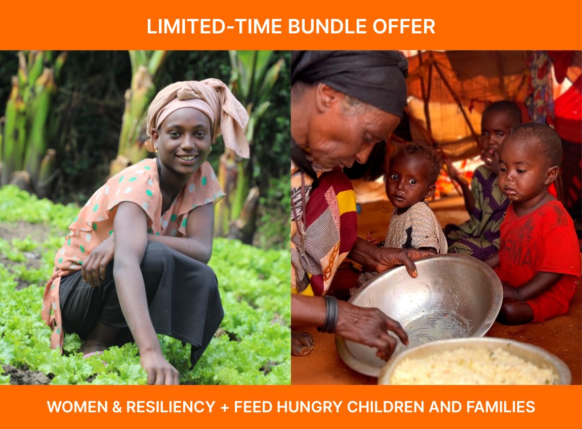 Split image showing a smiling woman in a peach polka-dot top and headwrap sitting in a lush green garden on the left, and young children sitting on the ground beside a metal dish of rice in a tented area on the right. Text that says limited-time bundle is written at the top of the image. At the bottom, text reads Women & Resiliency + Feed Hungry Families. 