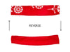 Two sides of the red Ivy & Alex headband showing one side with the floral design and the opposite side with plain colour.
